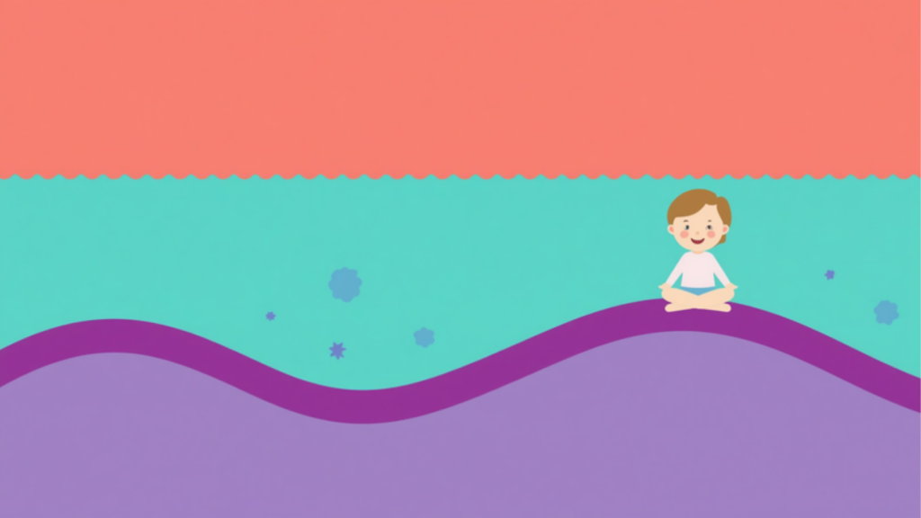 Flat illustration of a calm child sitting on a gentle purple wave, between a coral band above and a lavender band below, representing a child settled inside their window of tolerance.