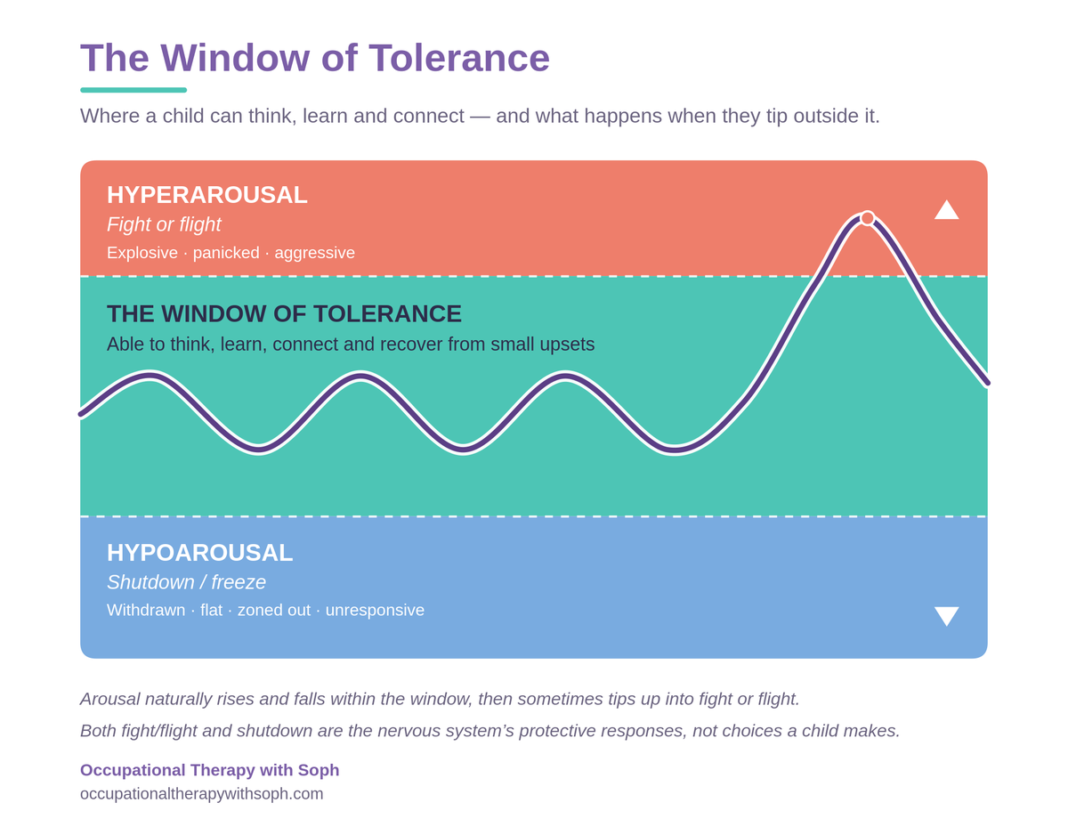Diagram of the window of tolerance showing hyperarousal above the window, the window of tolerance in the middle, and hypoarousal below.